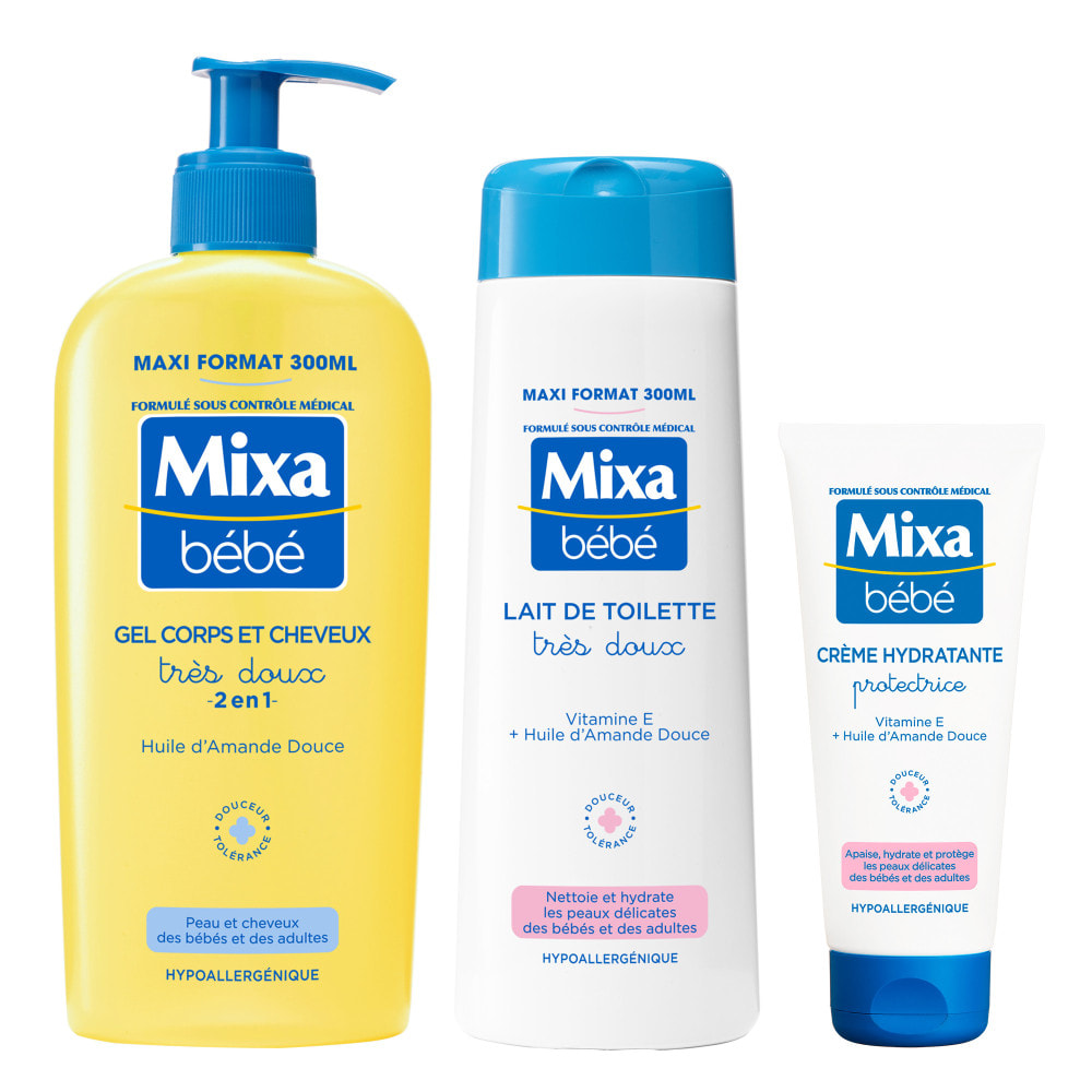 Mixa Bébé Toilette, Bain et Soin - Lait de Toilette - Gel Lavant Corps et Cheveux - Crème Hydratante Protectrice
