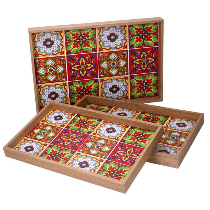 Set di 3 vassoi in legno rosso bordo naturale cm45x30h4