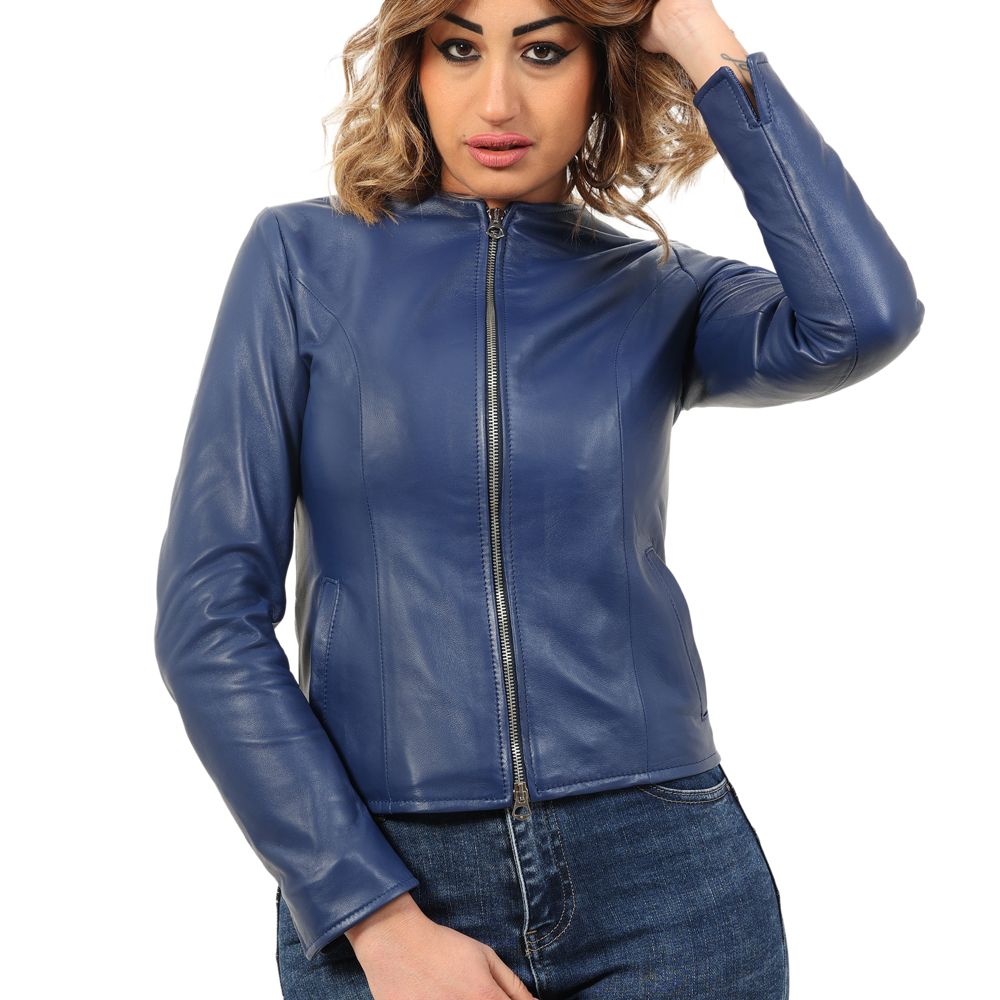 Giubbino in pelle di vitello nappa Bluette-Slim Fit