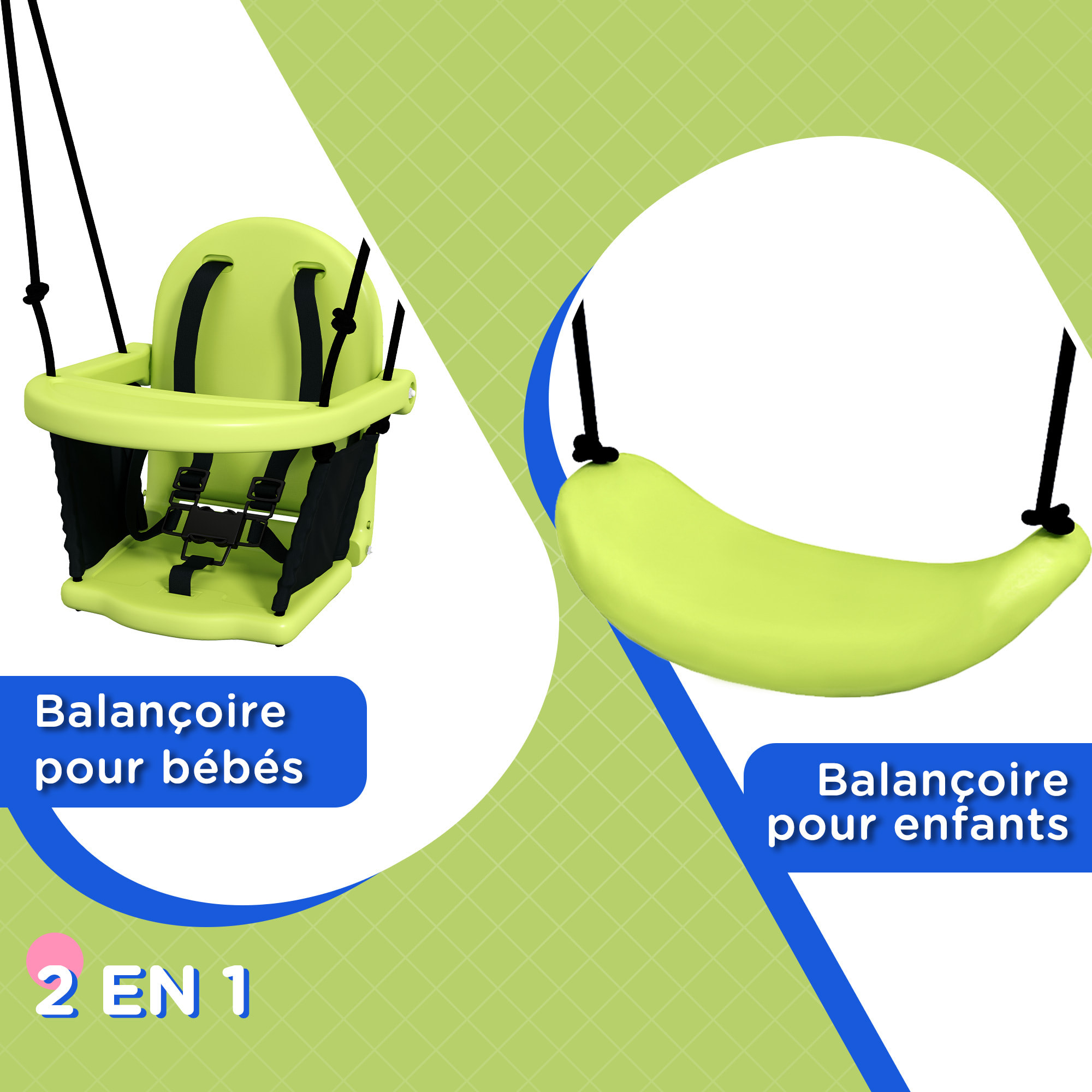 Portique balançoire évolutive - siège haut, accoudoirs, ceinture sécurité 5 points, barre protection - métal époxy gris vert