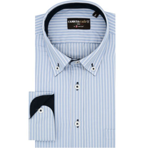 Camicia Uomo 1 Bottone Button Down Slim Cotone Poliestere Riga Media Celeste/Bianco