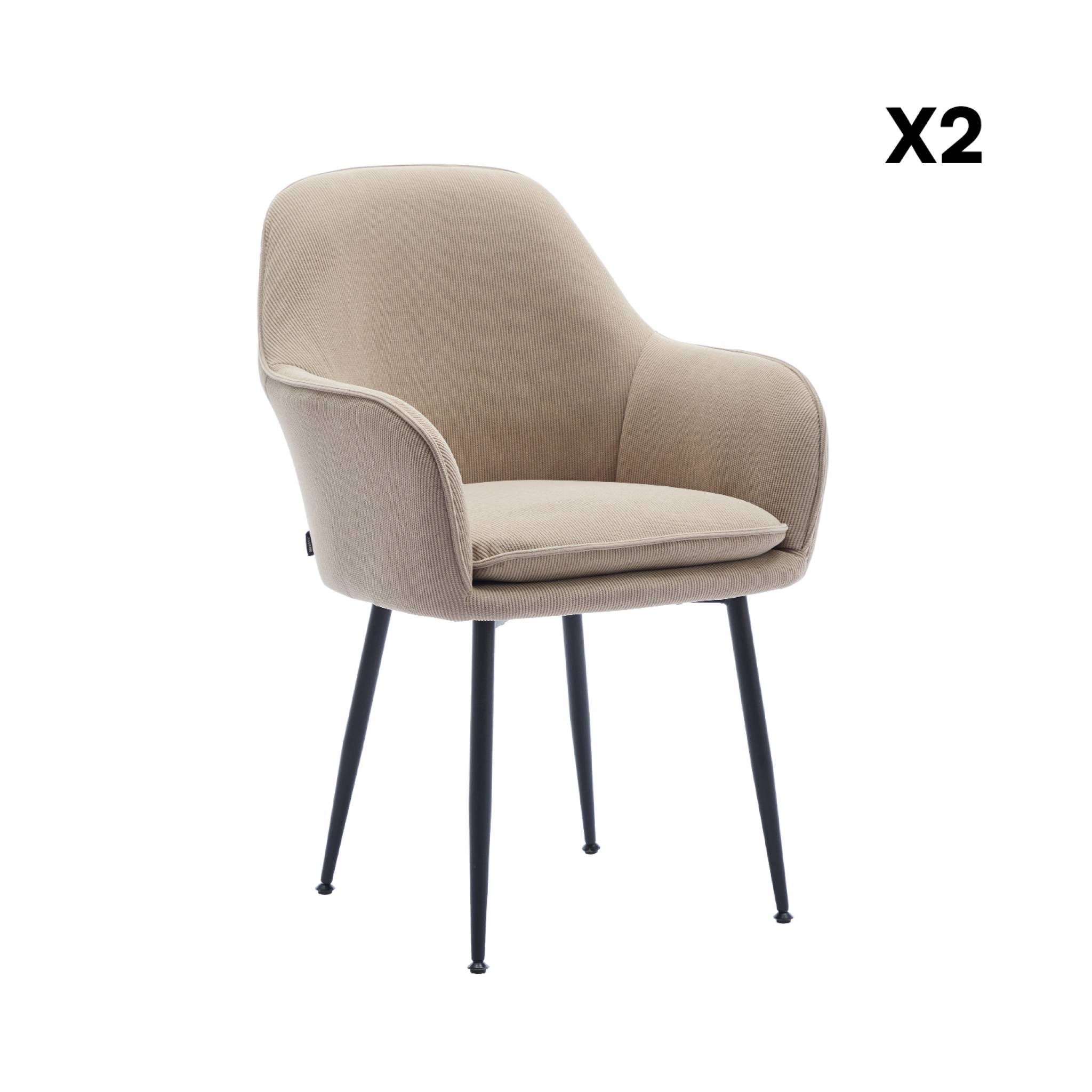 Lot de 2 fauteuils en velours côtelé beige et pieds en métal noir mat. L 57 x P 59 x H 84.5