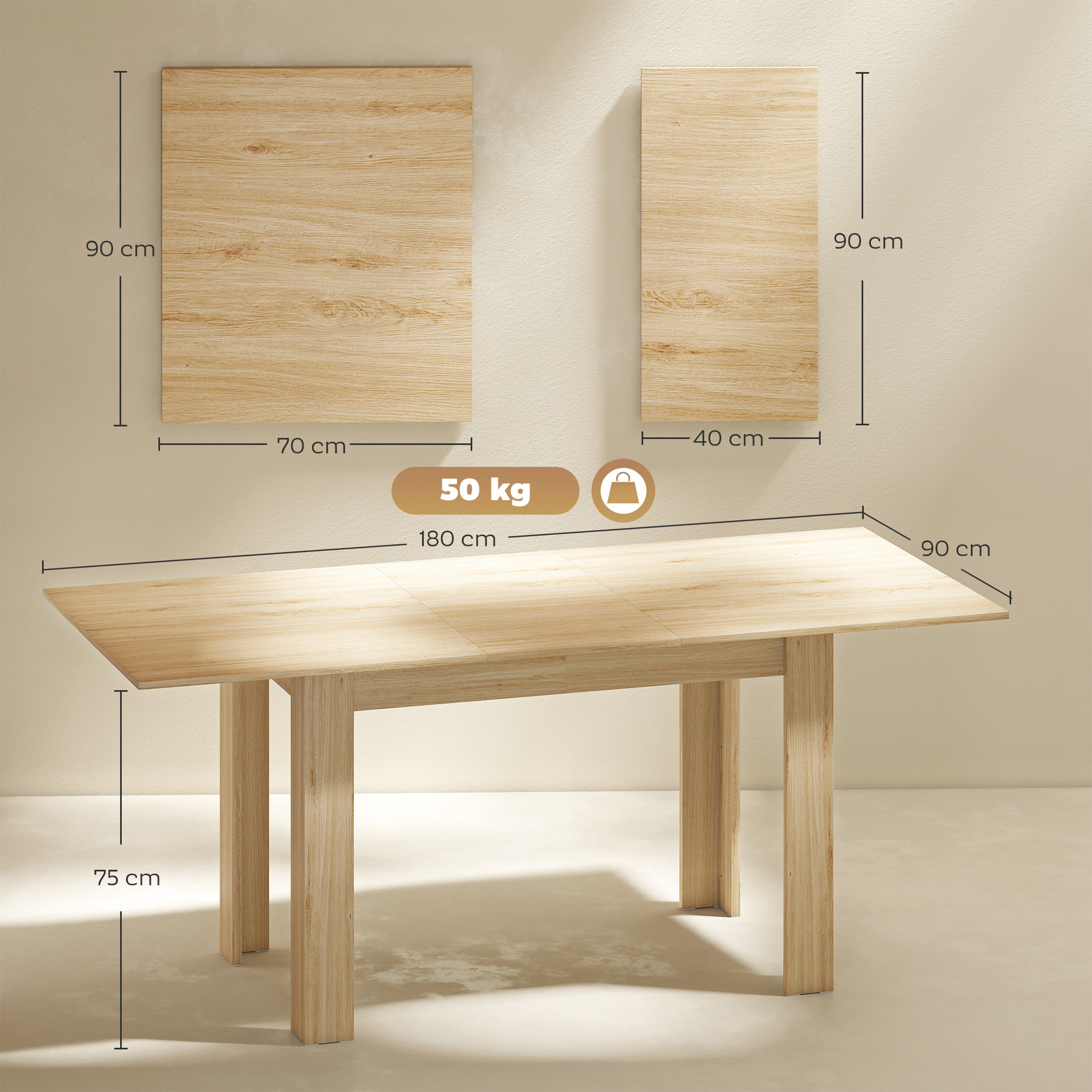Mesa de Comedor Extensible de 140 a 180 cm Mesa de Cocina Extensible Rectangular para 6-8 Personas para Salón 140-180x90x75 cm Madera Natural