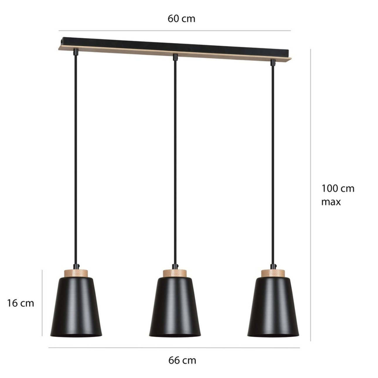 Lampada a sospensione BOLERO 3 in acciaio nero opaco e legno