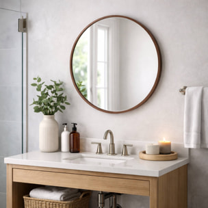 WELL HOME Espejo redondo Ø60cm marco de madera oscura, con gancho trasero, ideal para recibidor o baño