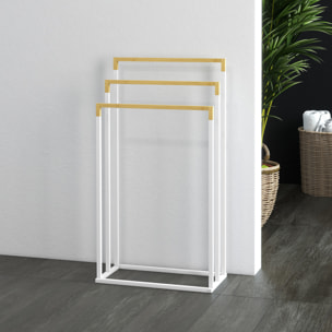 Toallero Escalera de 3 Niveles Toallero de Pie con 3 Barras de Bambú y Marco de Acero Toallero para Baño Lavadero 45x22,5x86 cm Blanco y Natural