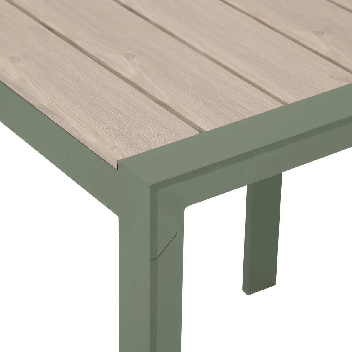 Table de jardin "Évasion" effet bois lin & vert laurier 2 places lates en aluminium