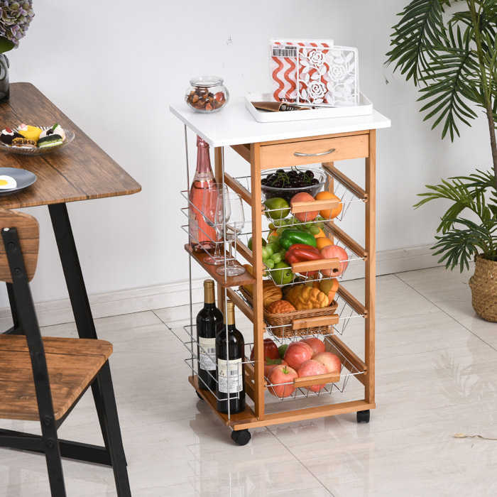 Desserte cuisine bois roulante - tiroir, 4 paniers amovibles, 2 porte-bouteilles - bois blanc