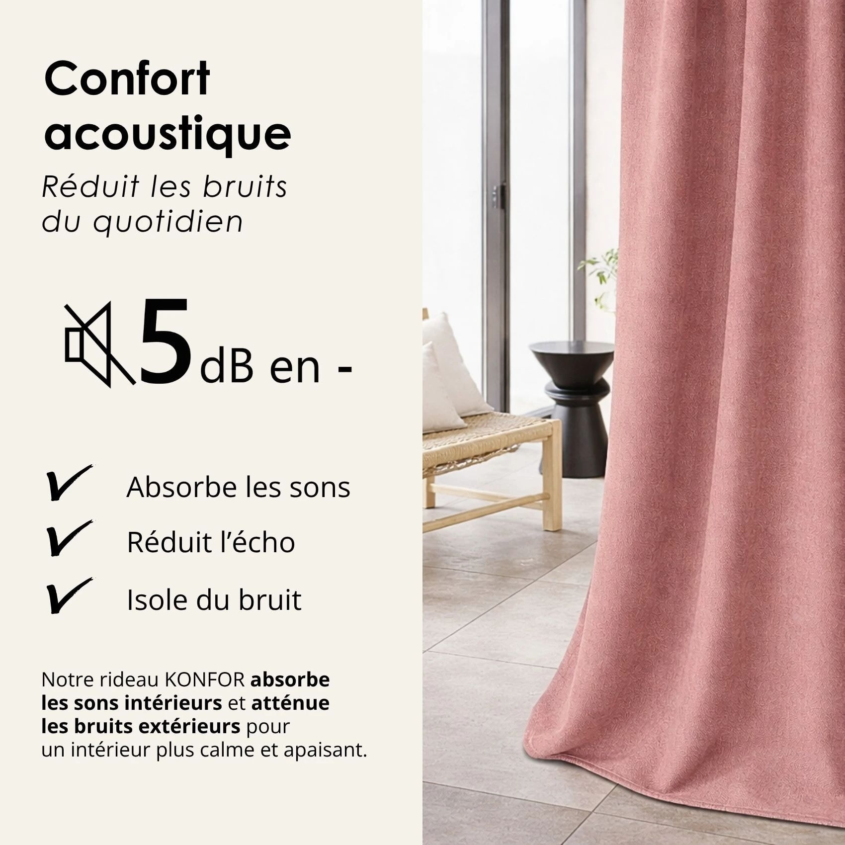 Rideau thermique phonique et semi occultant à galons fronceurs KONFOR - Rose