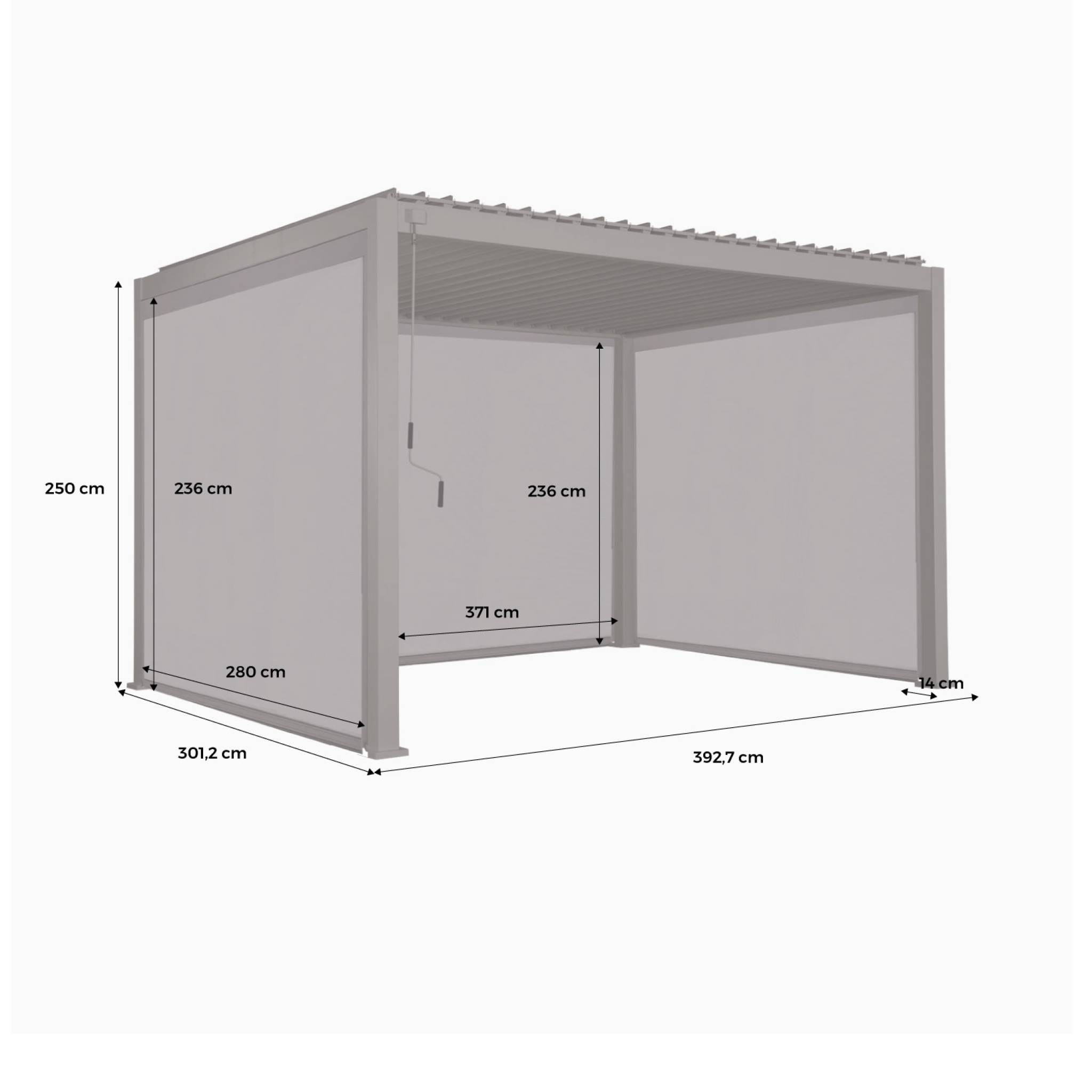 Pergola bioclimatique en aluminium. lames orientables 3x4m + 2 stores 3m + 1 store 4m TRIOMPHE blanc