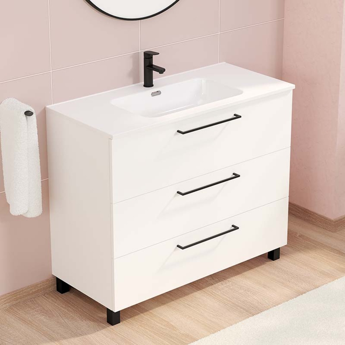 Ensemble De Salle De Bain Haru | Meuble De Salle De Bain Avec Pieds | 100 Cm Blanc| 3 Tiroirs | Vasque Ceramique | N'Inclut Pas Miroir | Alday