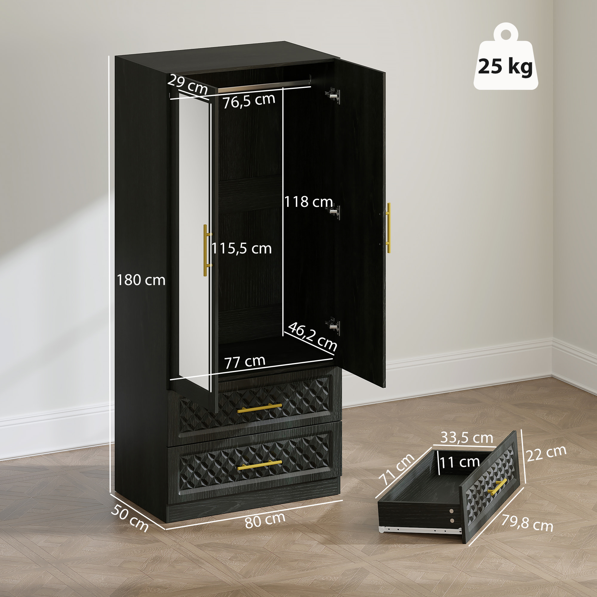 Armario Dormitorio 2 Puertas y 2 Cajones, Armario Ropero con Espejo, Relieve de Diamante, Barra para Colgar, Estilo Moderno, 80x50x180 cm, Negro