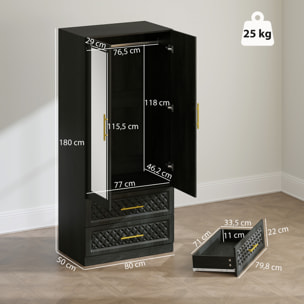 Armario Dormitorio 2 Puertas y 2 Cajones, Armario Ropero con Espejo, Relieve de Diamante, Barra para Colgar, Estilo Moderno, 80x50x180 cm, Negro