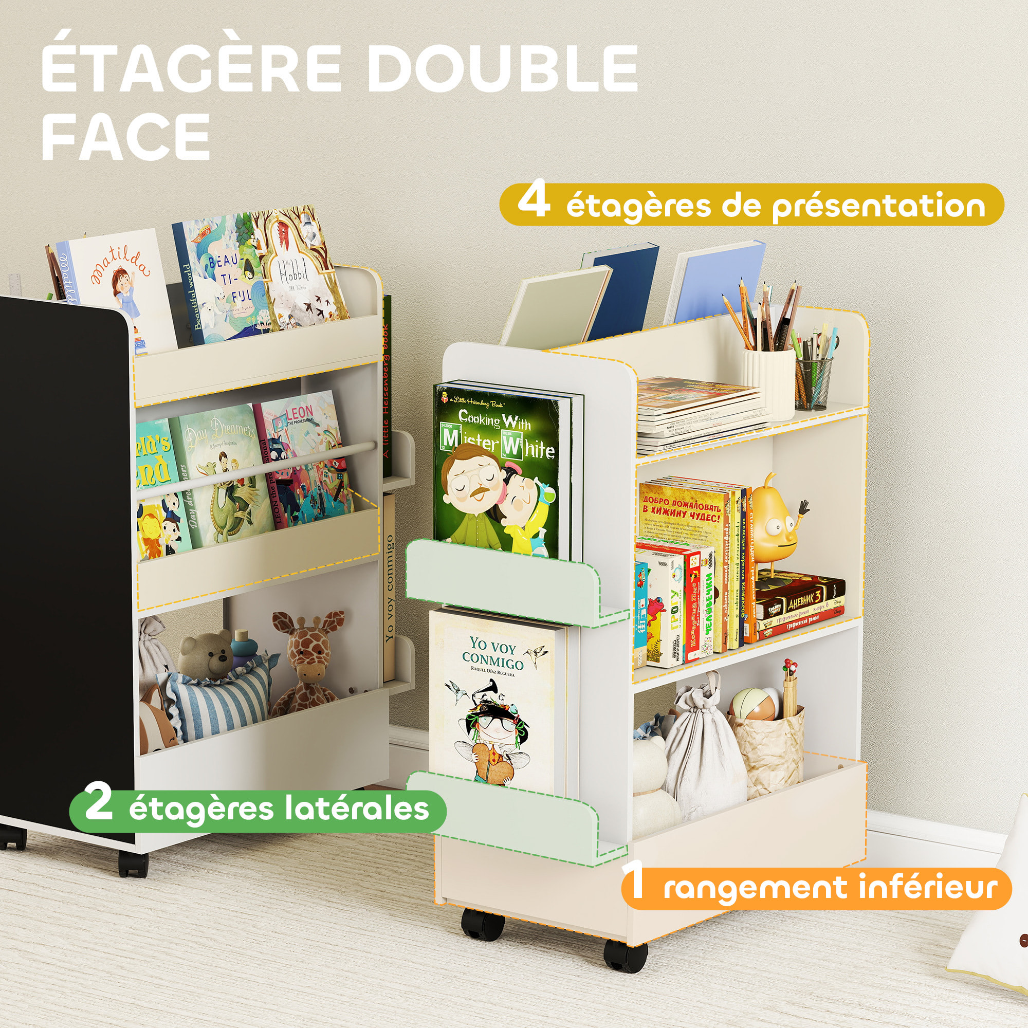 Bibliothèque chariot enfant 3 niveaux de rangement 2 étagères tableau noir à craie