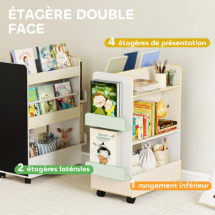 Bibliothèque chariot enfant 3 niveaux de rangement 2 étagères tableau noir à craie