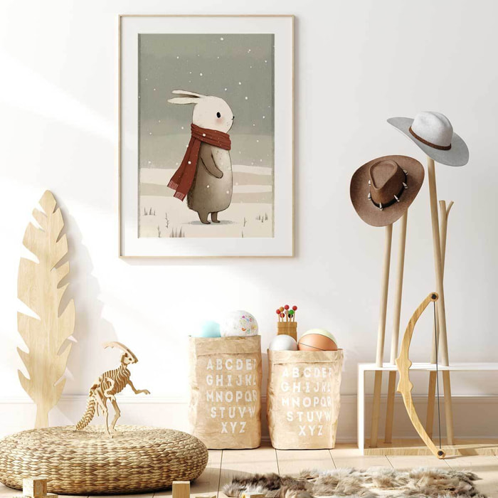 Affiche enfant lapin sous la neige  Affiche sous cadre bois