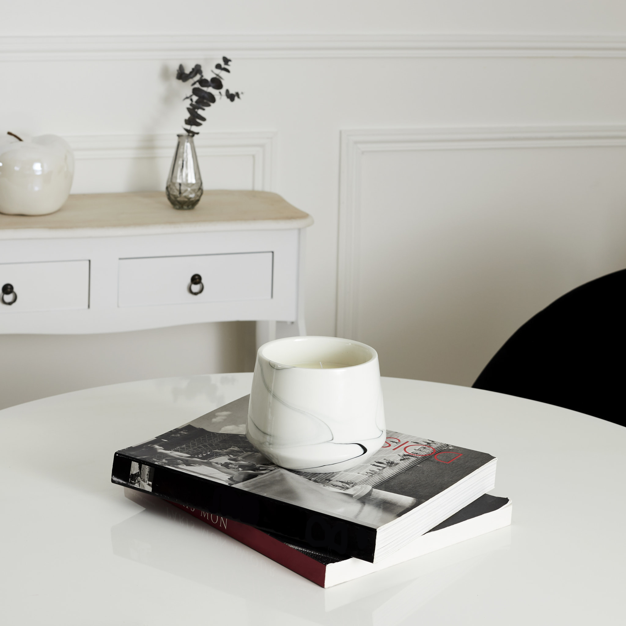 Bougie Parfumee Marbree Blanche H13.5cm