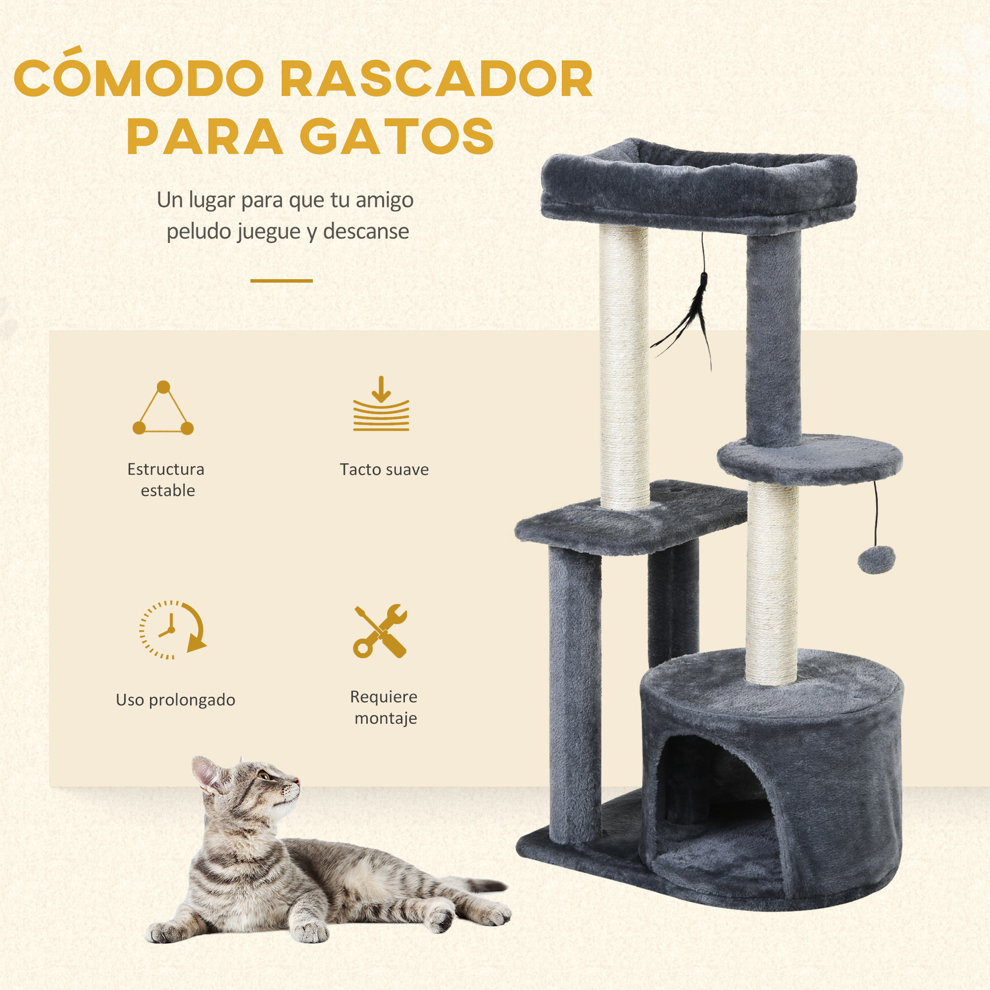 Árbol Rascador para Gatos de Felpa y Sisal 48x35x100cm Gris