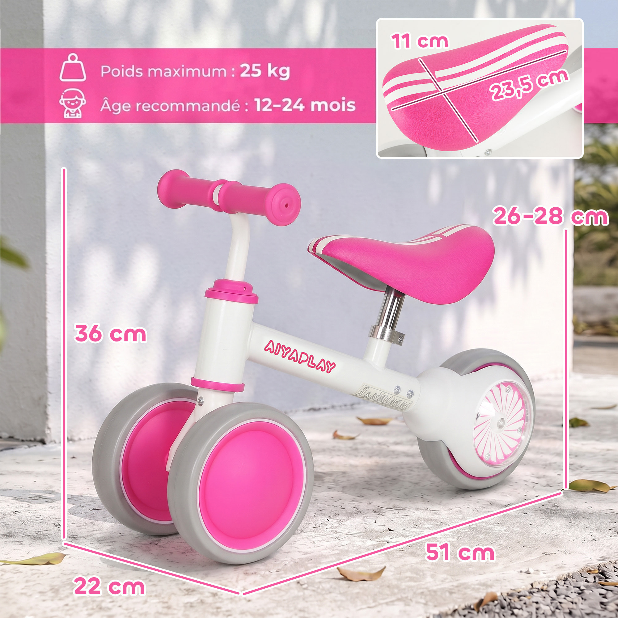 Draisienne enfant 3 roues roue AR lumineuse selle réglable rose