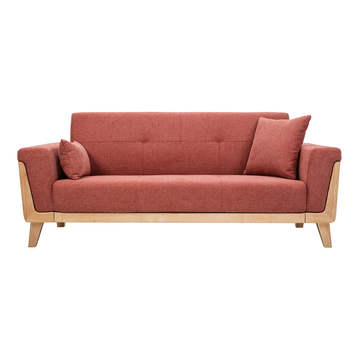 Canapé scandinave 3 places en tissu effet velours texturé terracotta et bois clair FJORD