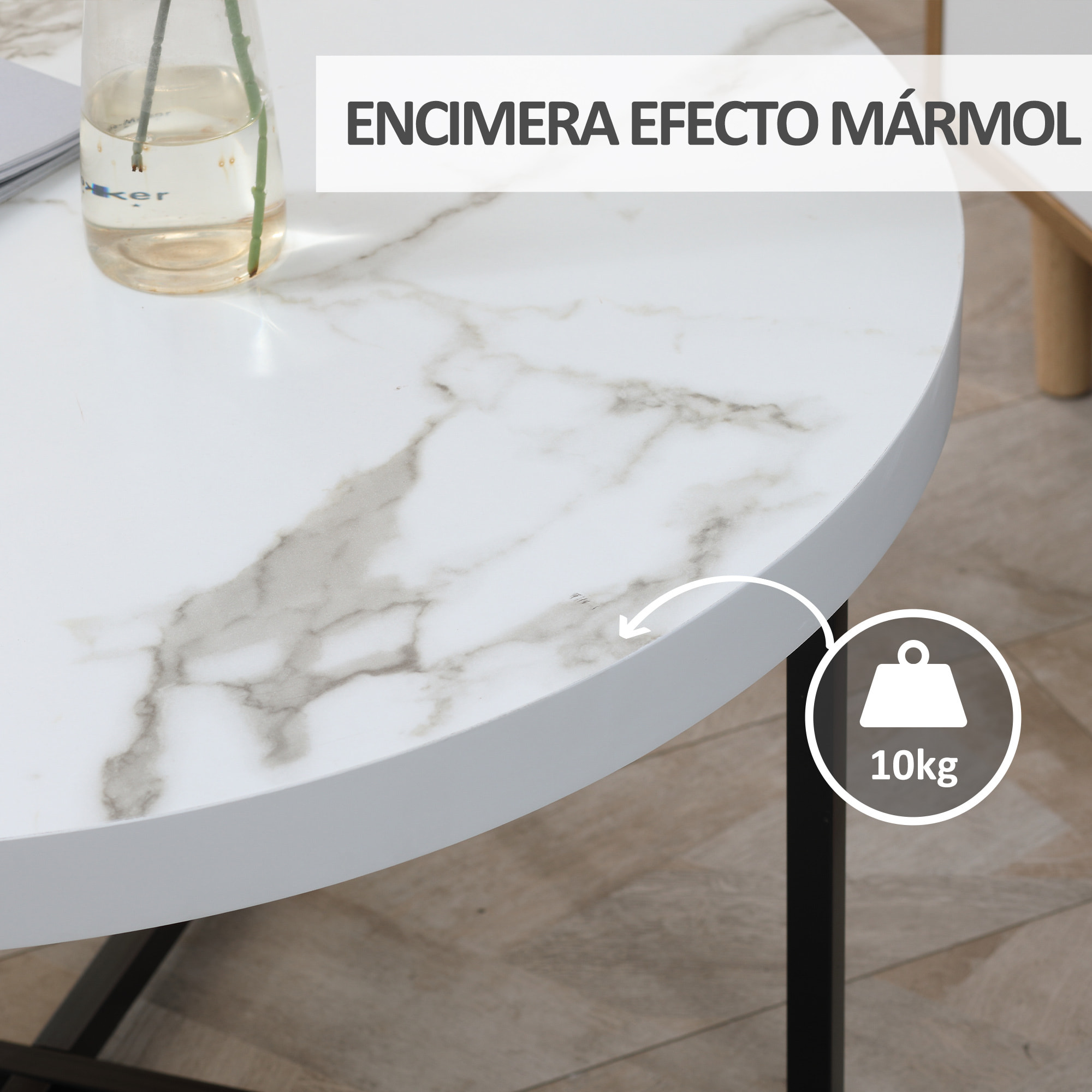 Mesa de Centro con Encimera Símil Mármol Marco de Metal para Oficina 80x80x45 cm
