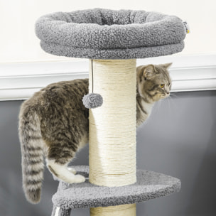 Arbre à chat 3 griffoirs grattoirs sisal naturel plateforme panier 2 boules suspendues peluche haute densité 220 g/m² gris