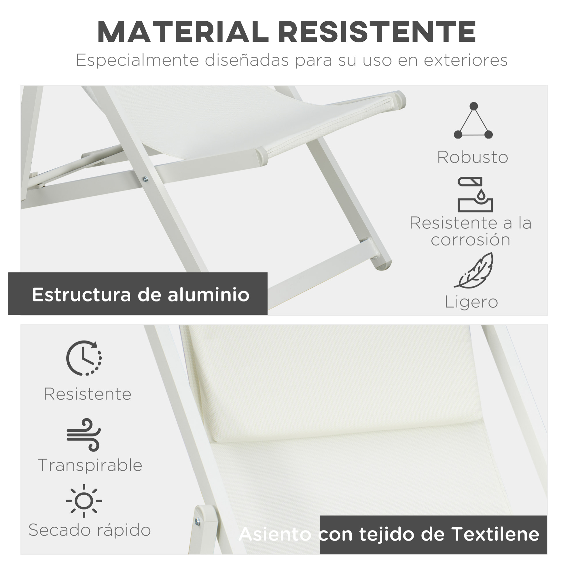 Conjunto de 2 Tumbonas Plegables de Aluminio Tumbonas de Jardín con Respaldo Regulable en 5 Posiciones y Reposacabezas para Terraza Patio Exterior 60x100x85 cm Blanco