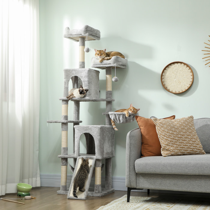 Arbre à chat design grande taille H.177cm équipements jeux multiples sisal naturel peluche gris clair