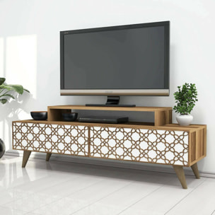 Mobile porta TV Dpierobo, Credenza da soggiorno, Armadio basso per TV, Base parete attrezzata, 140x42h49 cm, Noce e Bianco