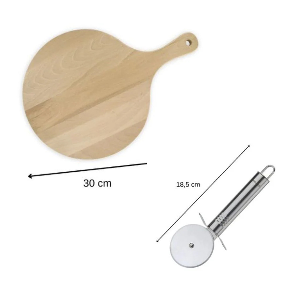 4 Planches à pizza et tarte flambée en bois 30 cm et Roulette à pizza en inox Fackelmann