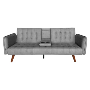 PERTH Canapé 3 places convertible en velours avec tablette centrale rabattable gris