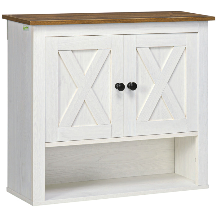 Armoire murale salle de bain style rustique chic - 2 portes, étagère, niche - effet bois noyer écru