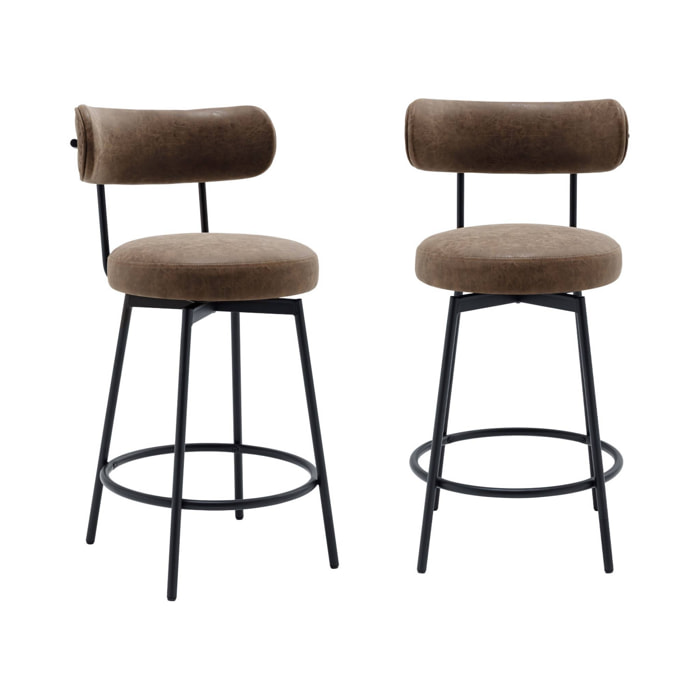 Lot de deux tabourets de bar assise rotative métal noir et simili cuir marron - L 50 x P 50 x H 92cm - Iris