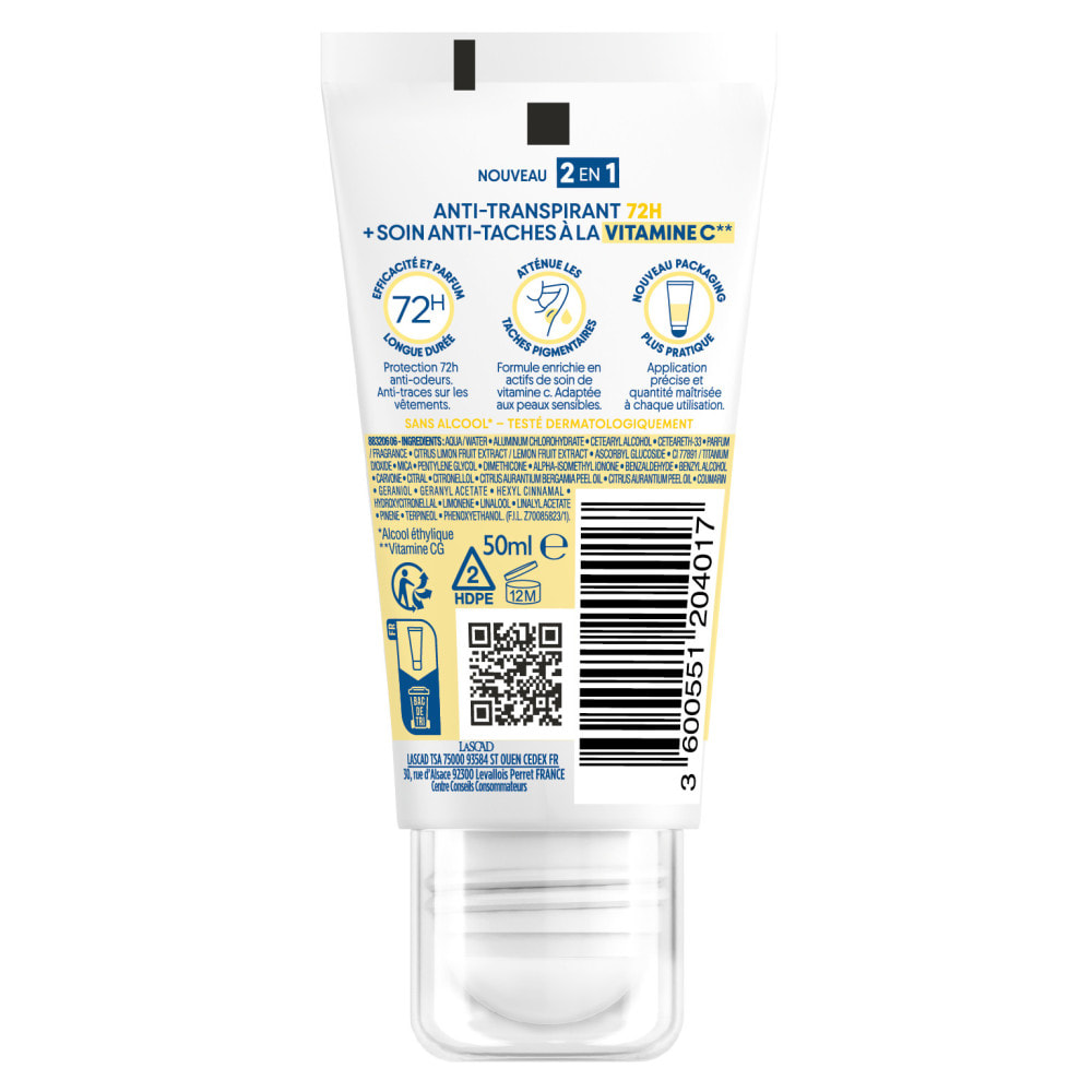 Narta Tube Roll-On Anti-Transpirant 72H + Soin Anti-Taches à la Vitamine C 50ml