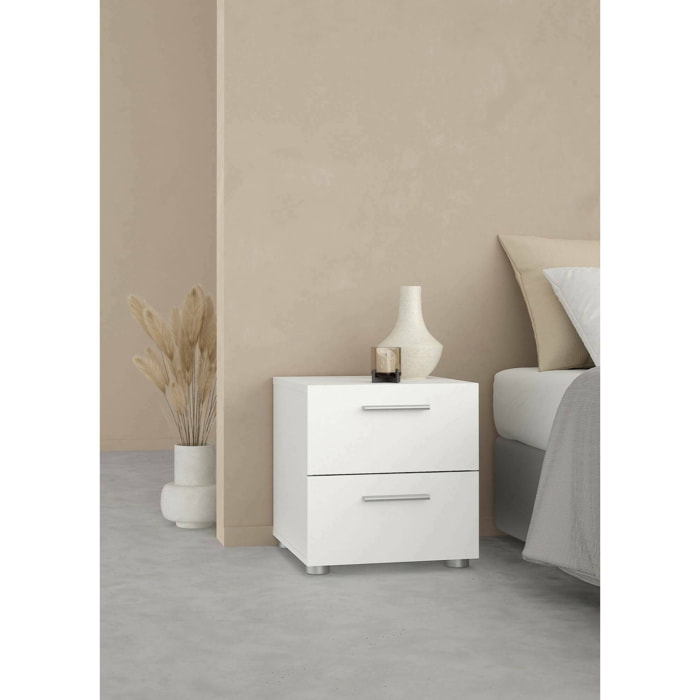 Comodino a due cassetti con maniglia, colore bianco, cm 40 x 42 x 40