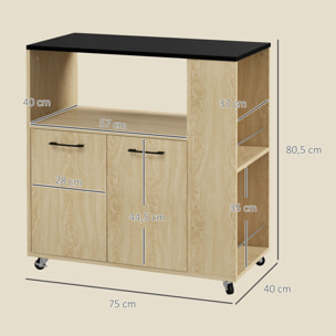 Carrito Auxiliar con Ruedas, Carrito de Cocina con 2 Puertas, Estante Ajustable, Especieros, para Comedor, 75x40x80,5 cm, Natural