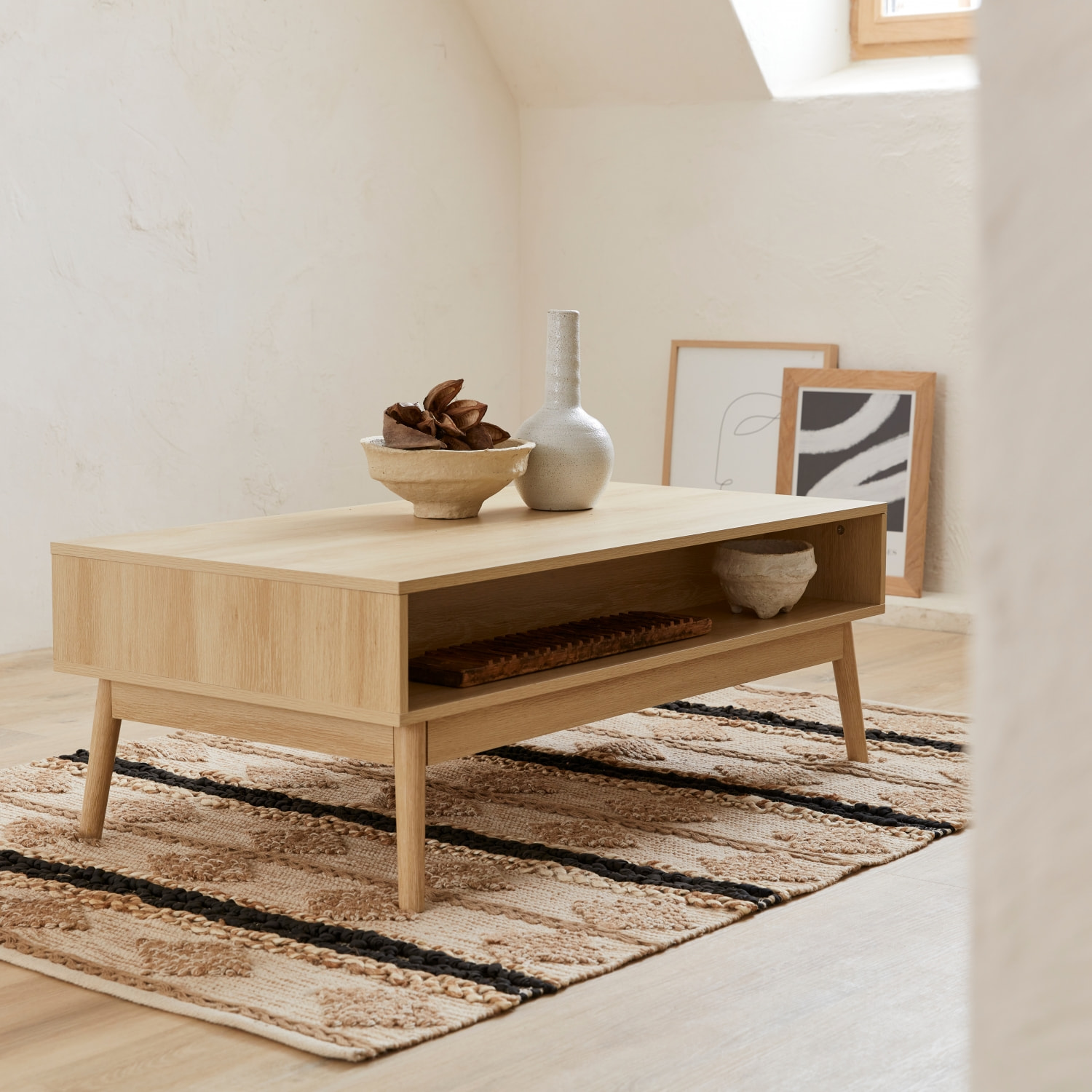 Table basse scandinave rectangulaire décor bois rainuré 1 tiroir LINEAR