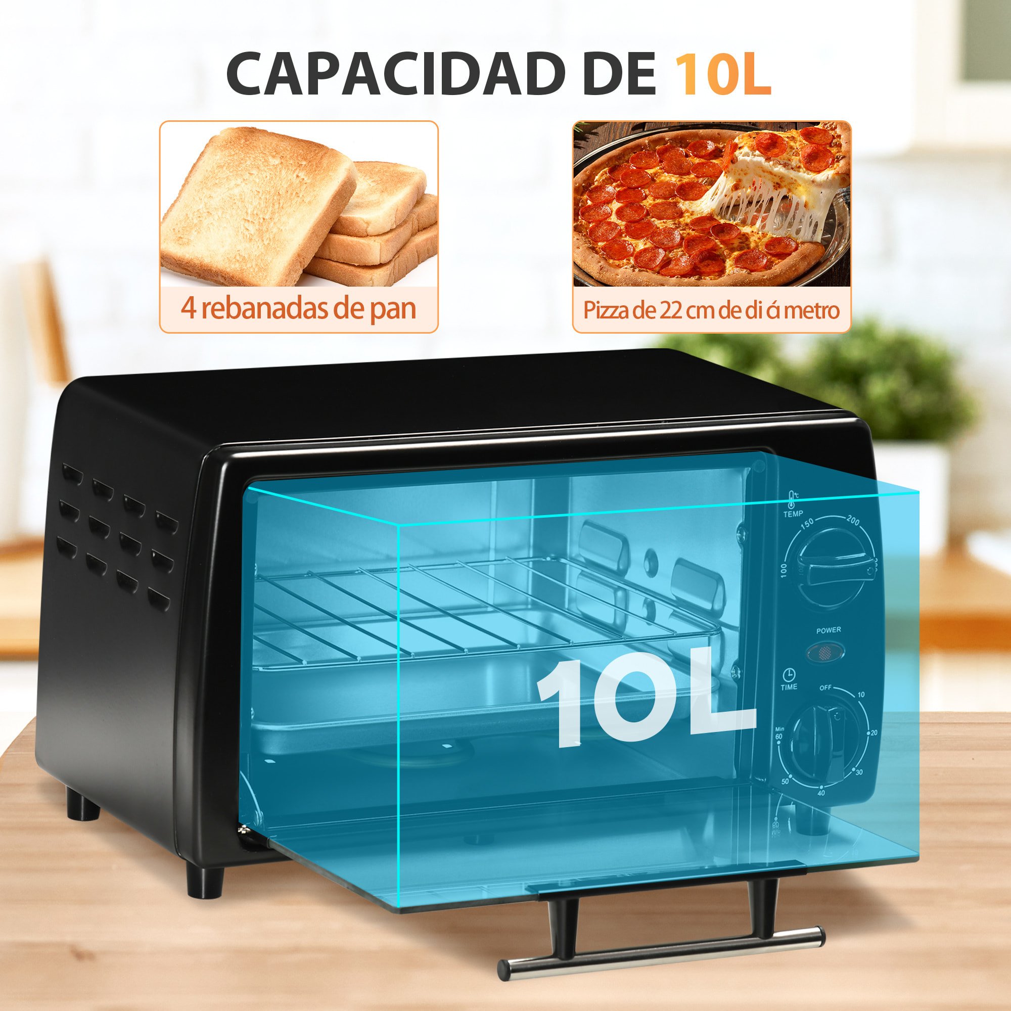 Horno Eléctrico Sobremesa 10 Litros 750W Horno Eléctrico Pequeño con Temperatura hasta 230 „ƒ Temporizador 60 Minutos Bandeja y Rejilla 36,5x26x22 cm Negro