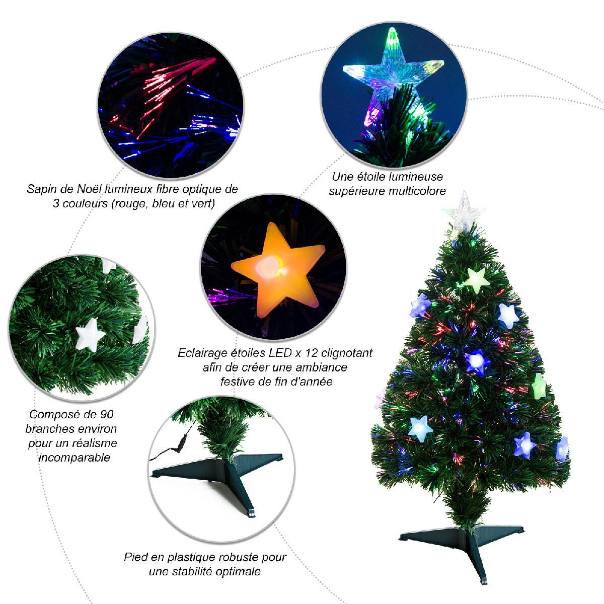 Sapin de Noël artificiel lumineux fibre optique LED multicolore + support pied Ø 45 x 90H cm 90 branches étoile sommet brillante vert