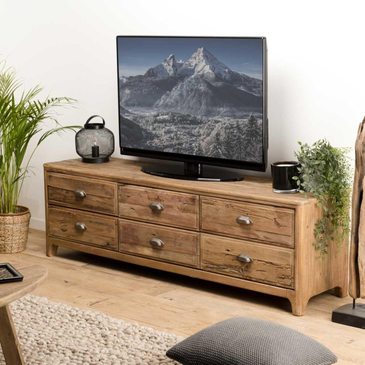 SANDY - Meuble TV marron 6 tiroirs bois Pin recyclé