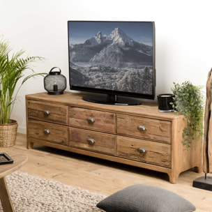 SANDY - Meuble TV marron 6 tiroirs bois Pin recyclé