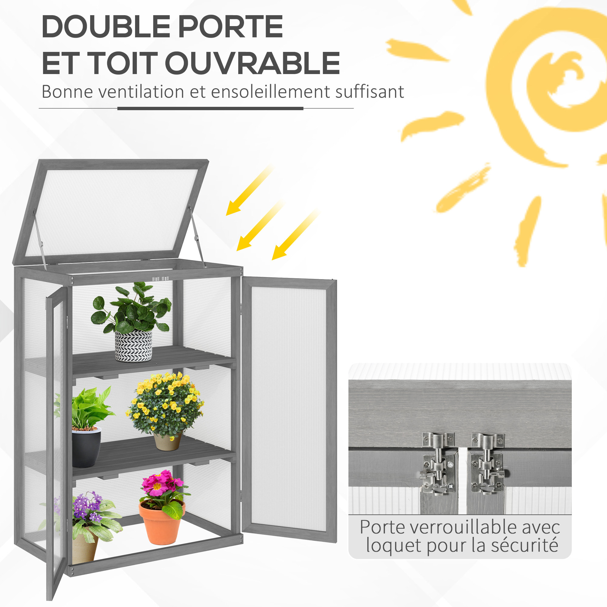 Mini serre de jardin 3 niveaux dim. 76L x 47l x 110H cm double porte toit ouvrant bois sapin lasuré gris polycarbonate