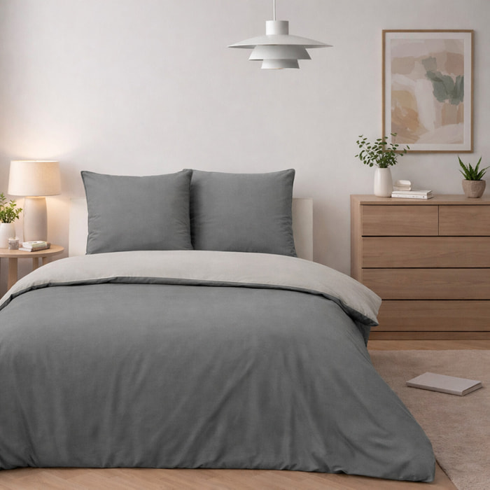 Parure housse de couette avec taie 100% coton lavé - Vicky Bicolore Gris Galet