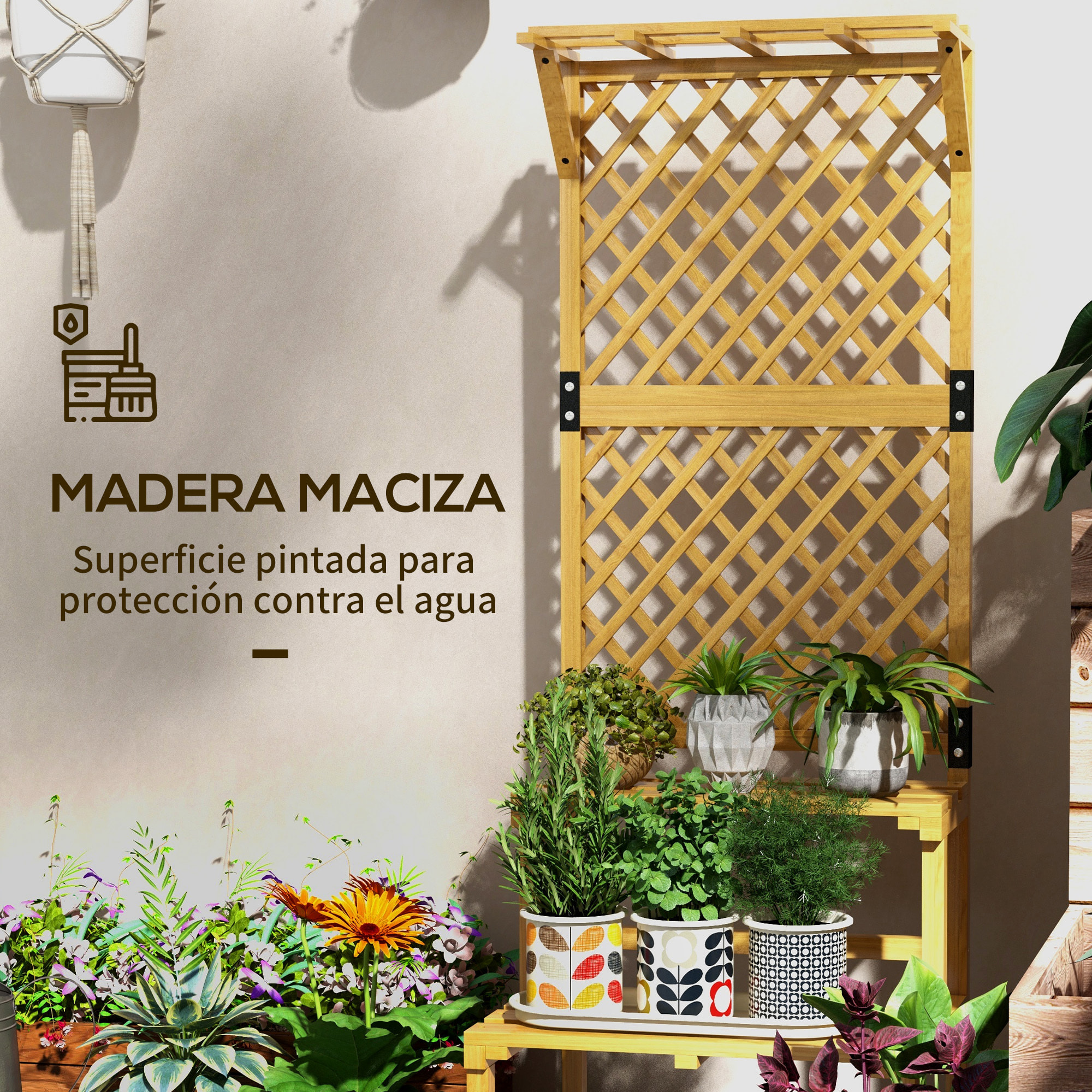 Soporte para Plantas de Madera Estantería para Plantas de 2 Niveles Soporte para Macetas Exterior con Enrejado para Jardín Patio Terraza 60x50x166 cm Natural