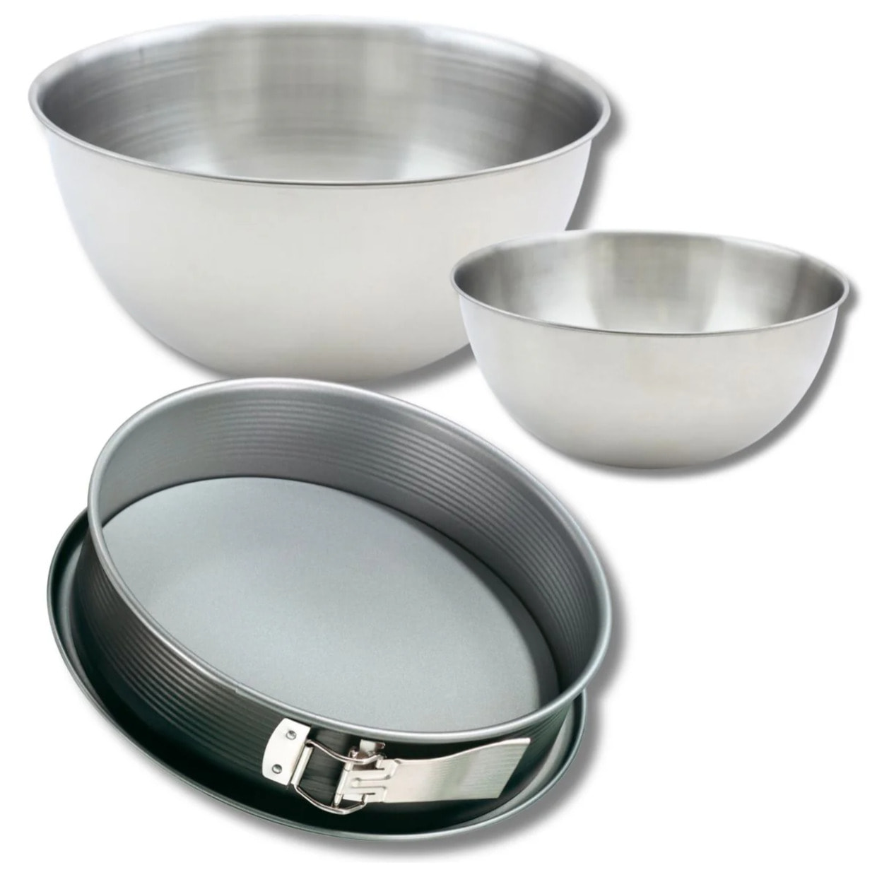 Set à pâtisserie avec 1 Moule à charnière rond à fond plat, 1 spatule Zenker et 2 bols à mixer en inox Fackelmann