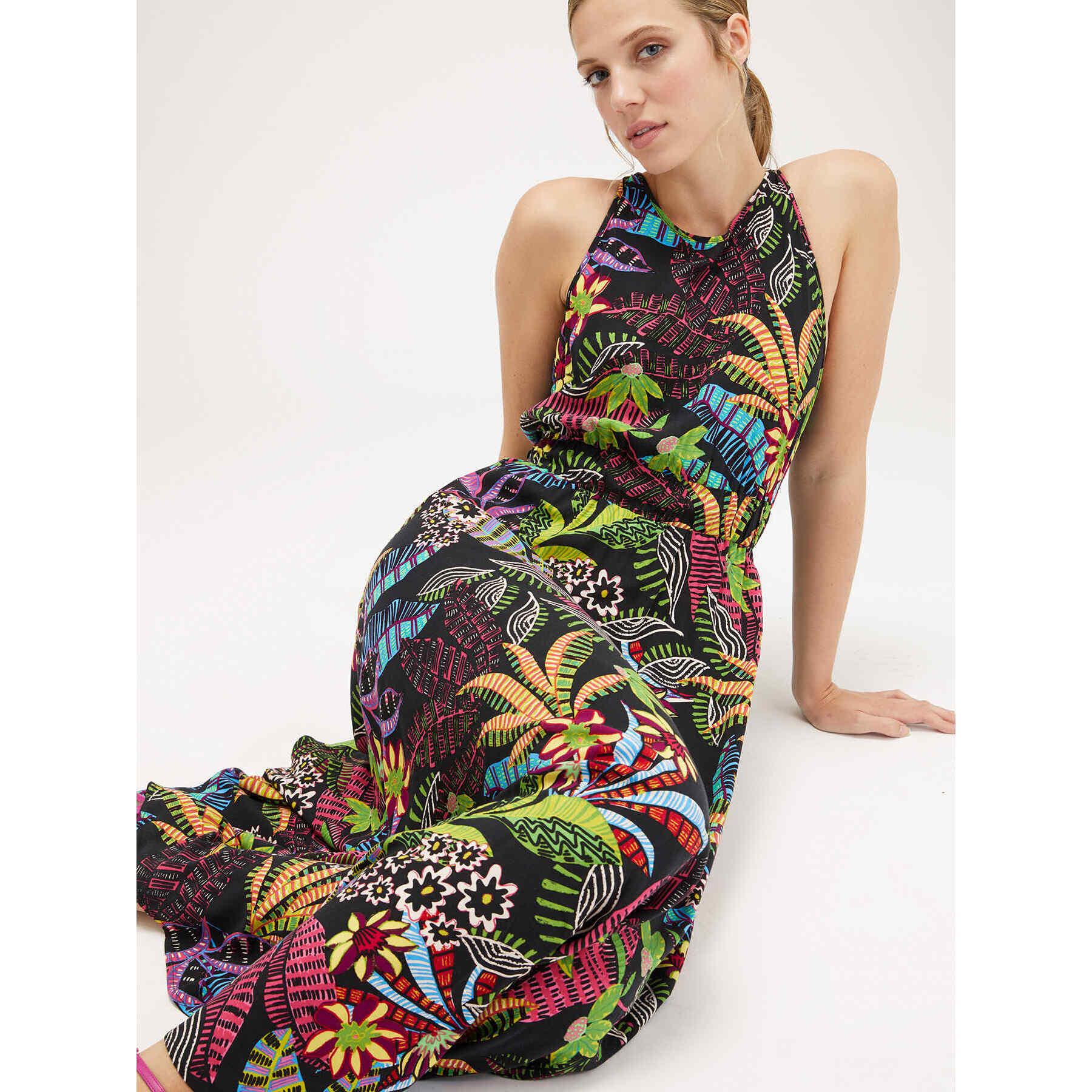 Motivi - Vestito lungo tropical scollo all'americana - Nero