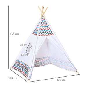 Tienda de Campaña para Niños de +3 Años Tipi Infantil de Madera Portátil con Ventana para Interiores y Exteriores 120x120x155 cm Blanco