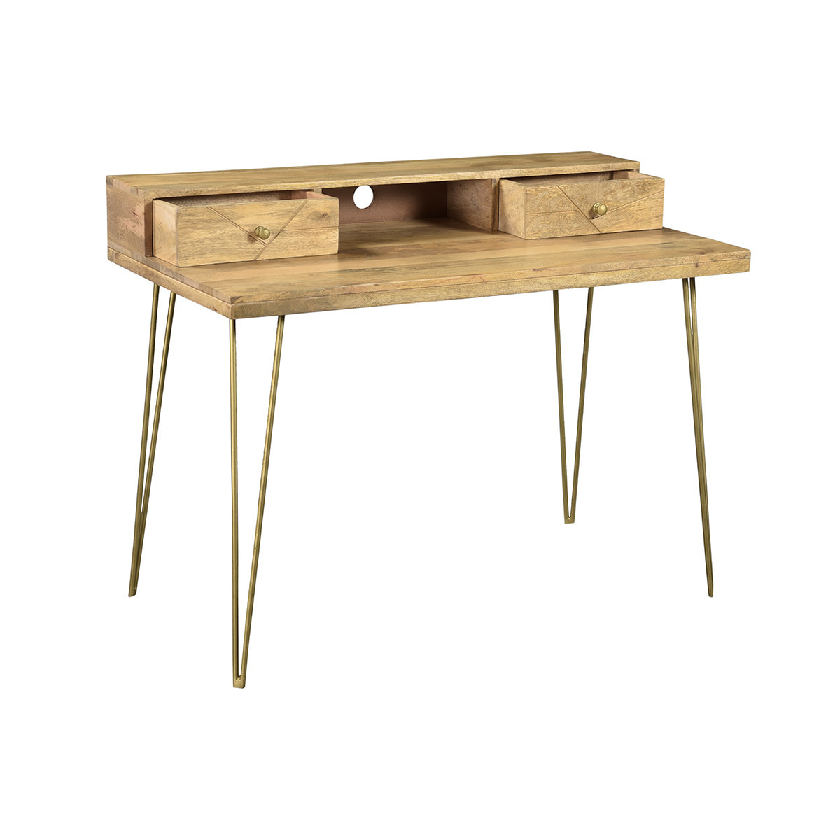 Bureau avec rangements bois manguier massif gravé et métal doré L115 cm LINIUM