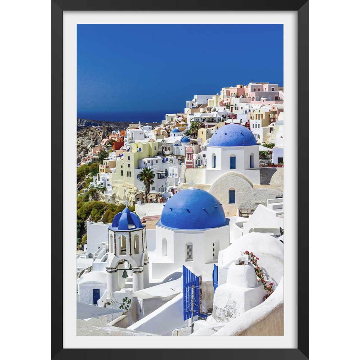 Poster dôme bleu sur les cyclades Affiche + cadre en bois - Noir