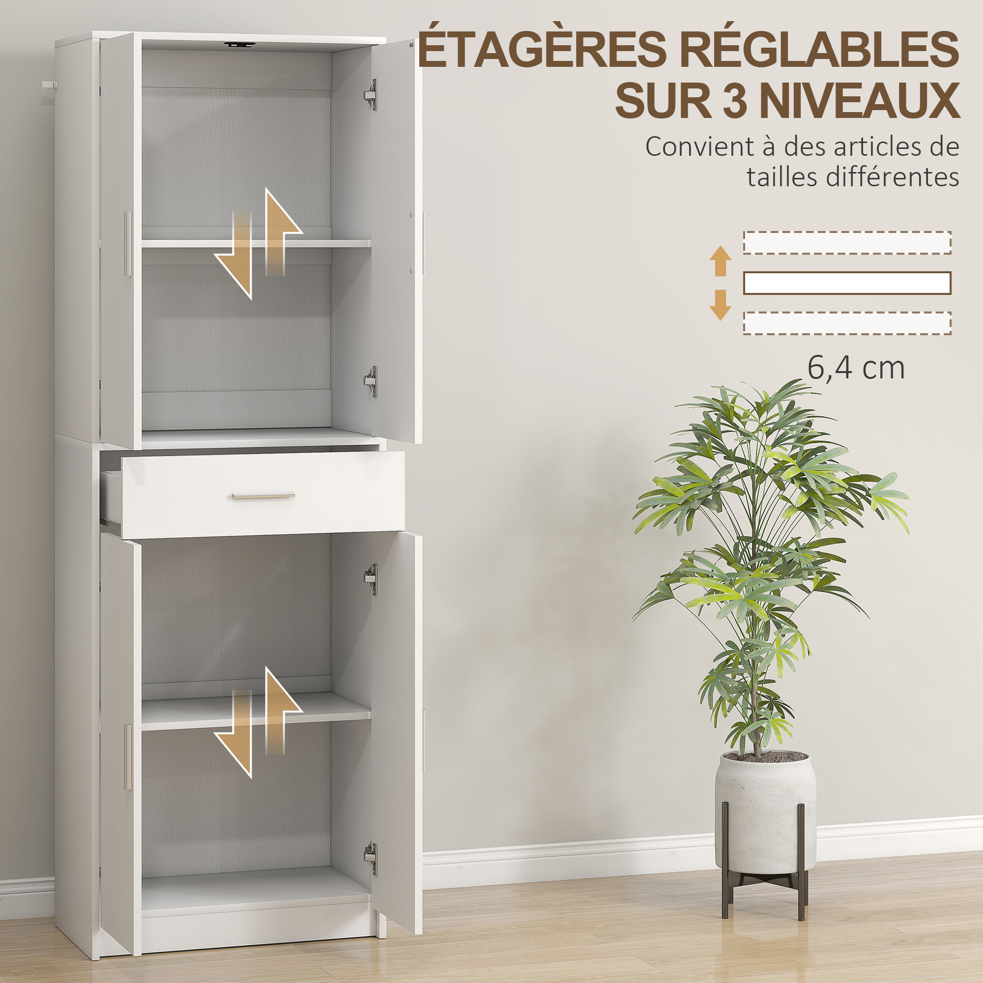 Armoire de cuisine multi-rangement - 4 portes, 2 étagères, tiroir - dim. 60 x 35 x 180 cm - effet bois blanc